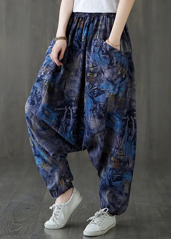 Blue Elastic Waist Loose Lantern Pants Summer LY7580