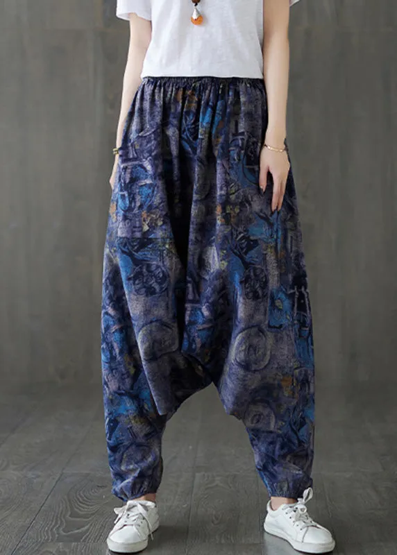 Blue Elastic Waist Loose Lantern Pants Summer LY7580