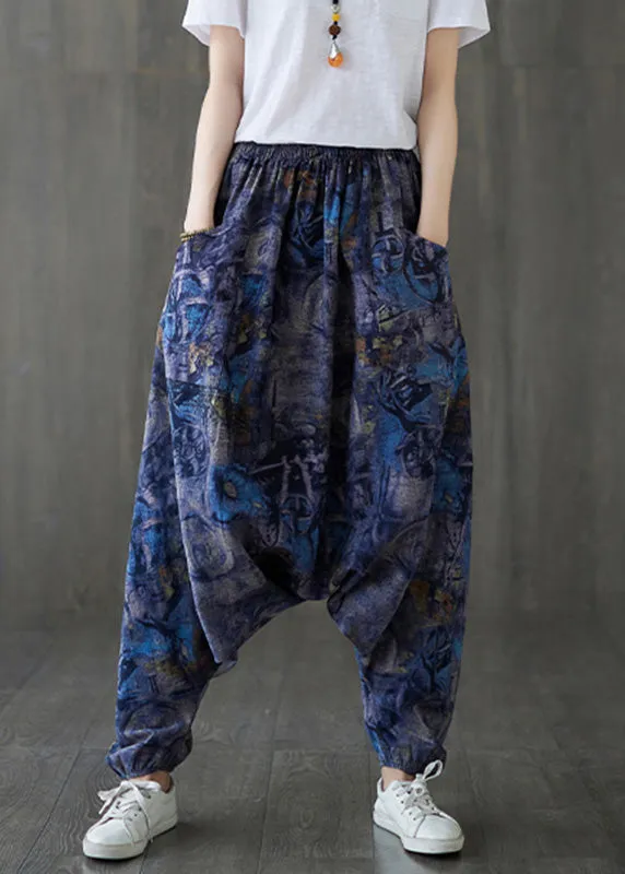 Blue Elastic Waist Loose Lantern Pants Summer LY7580