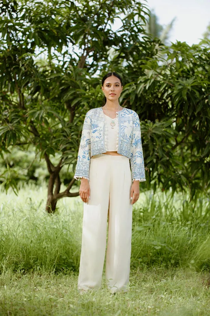 Blue Silk Digital Printed & Embroidered Jacket Set