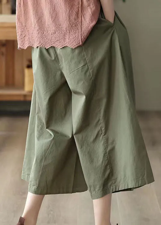 Bohemian Army Green Pockets Patchwork Cotton Crop Pants Summer LY5364