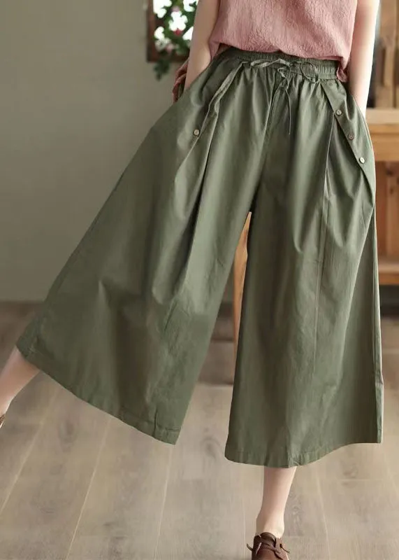 Bohemian Army Green Pockets Patchwork Cotton Crop Pants Summer LY5364