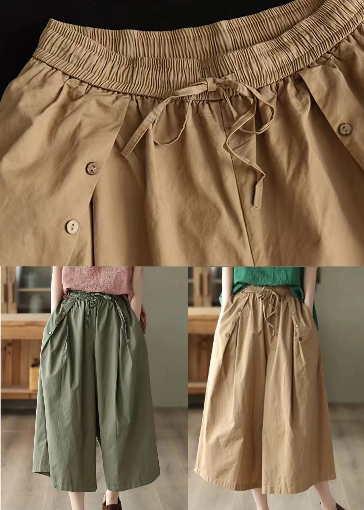 Bohemian Army Green Pockets Patchwork Cotton Crop Pants Summer LY5364