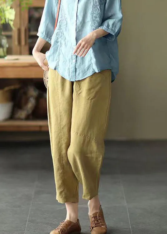 Boutique Yellow Pockets Patchwork Linen Crop Pants Summer LY0585