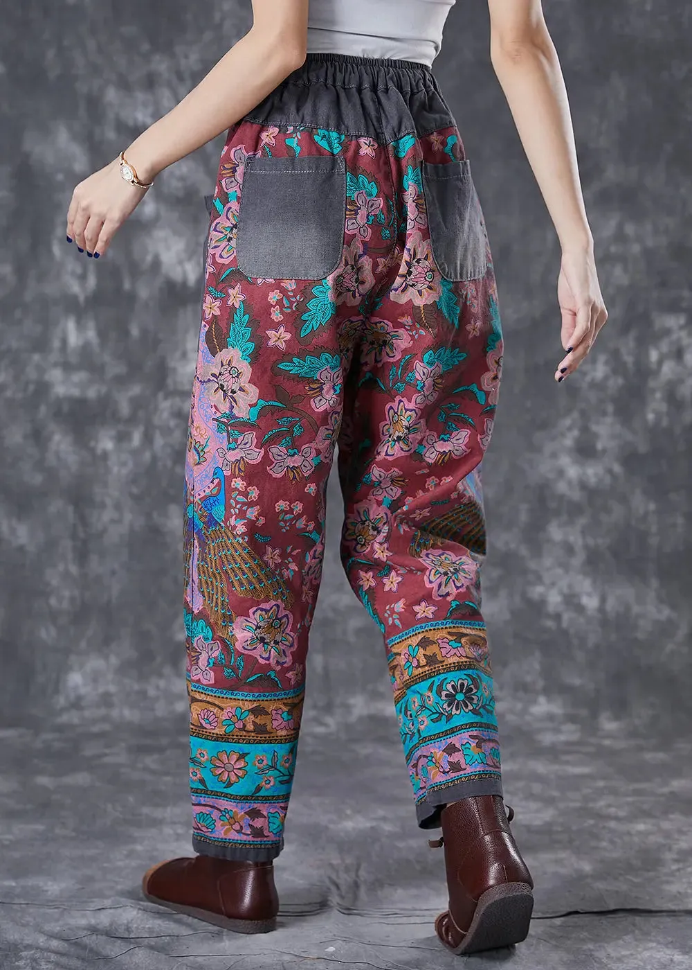 Chic Red Print Elastic Waist Patchwork Pockets Cotton Harem Pants Fall ML3015