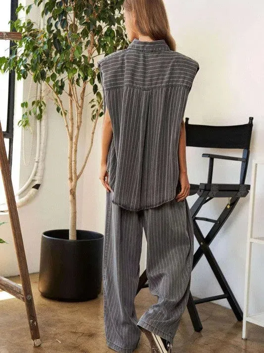 Following Your Own Path Stripe Button Down Shirt   Long Pants Set