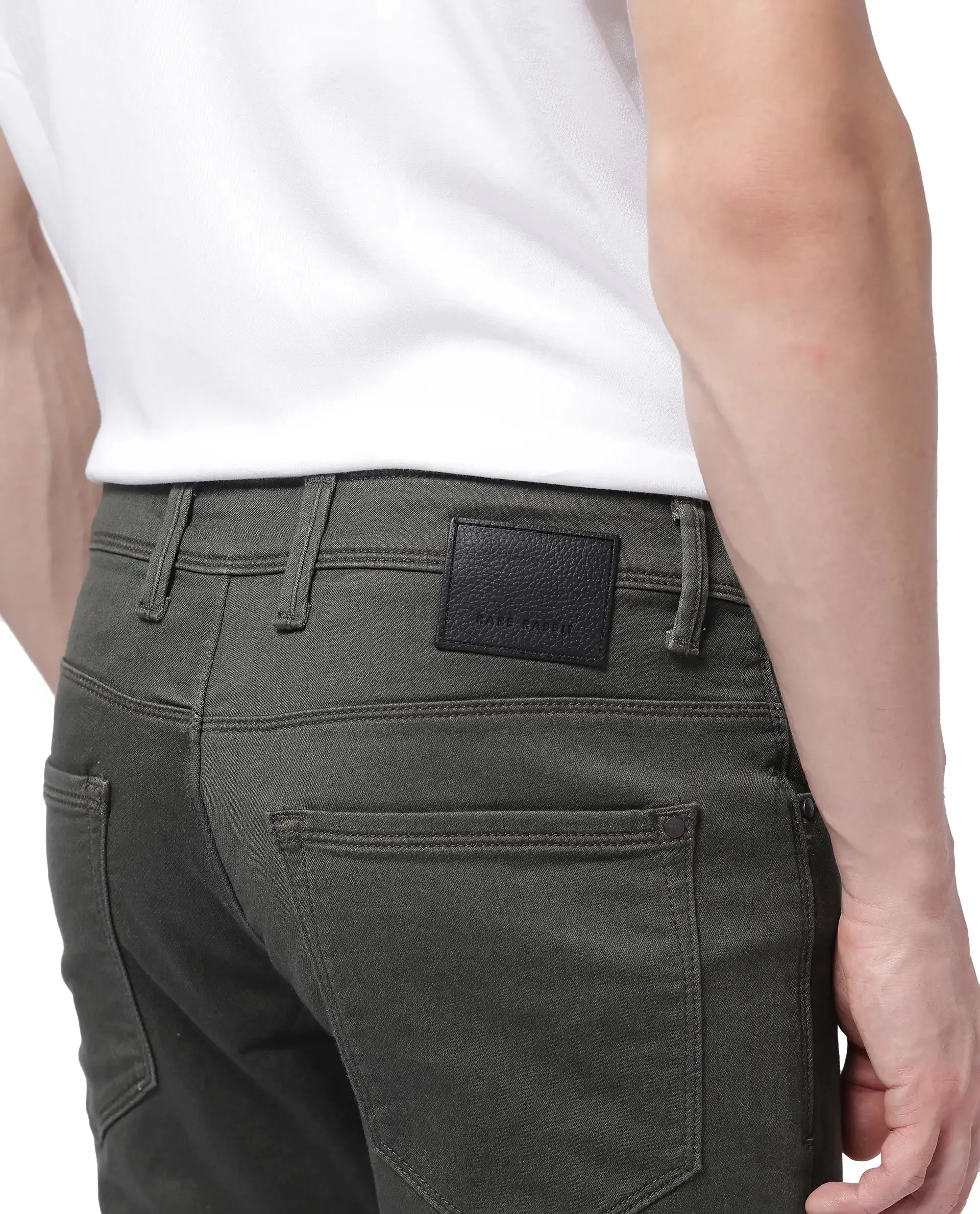 Rare Rabbit Men Hede Olive Cotton Spandex Fabric Slim Fit Plain Denim Pant