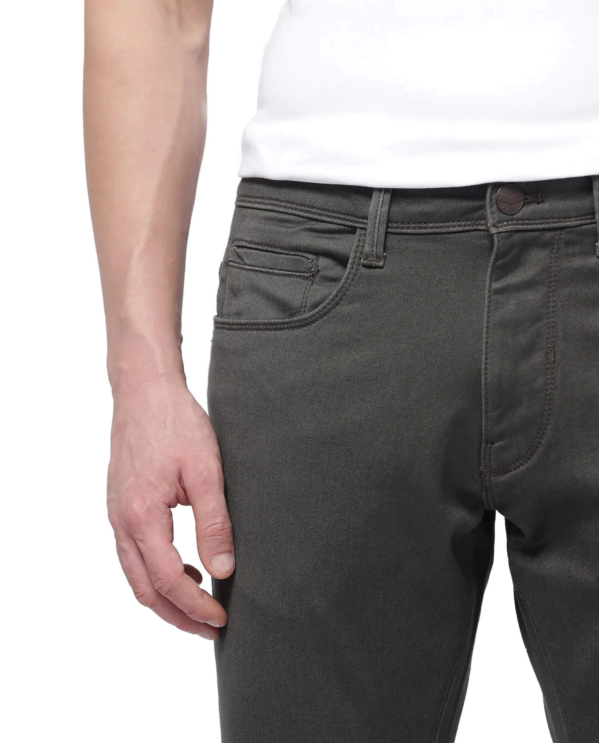 Rare Rabbit Men Hede Olive Cotton Spandex Fabric Slim Fit Plain Denim Pant