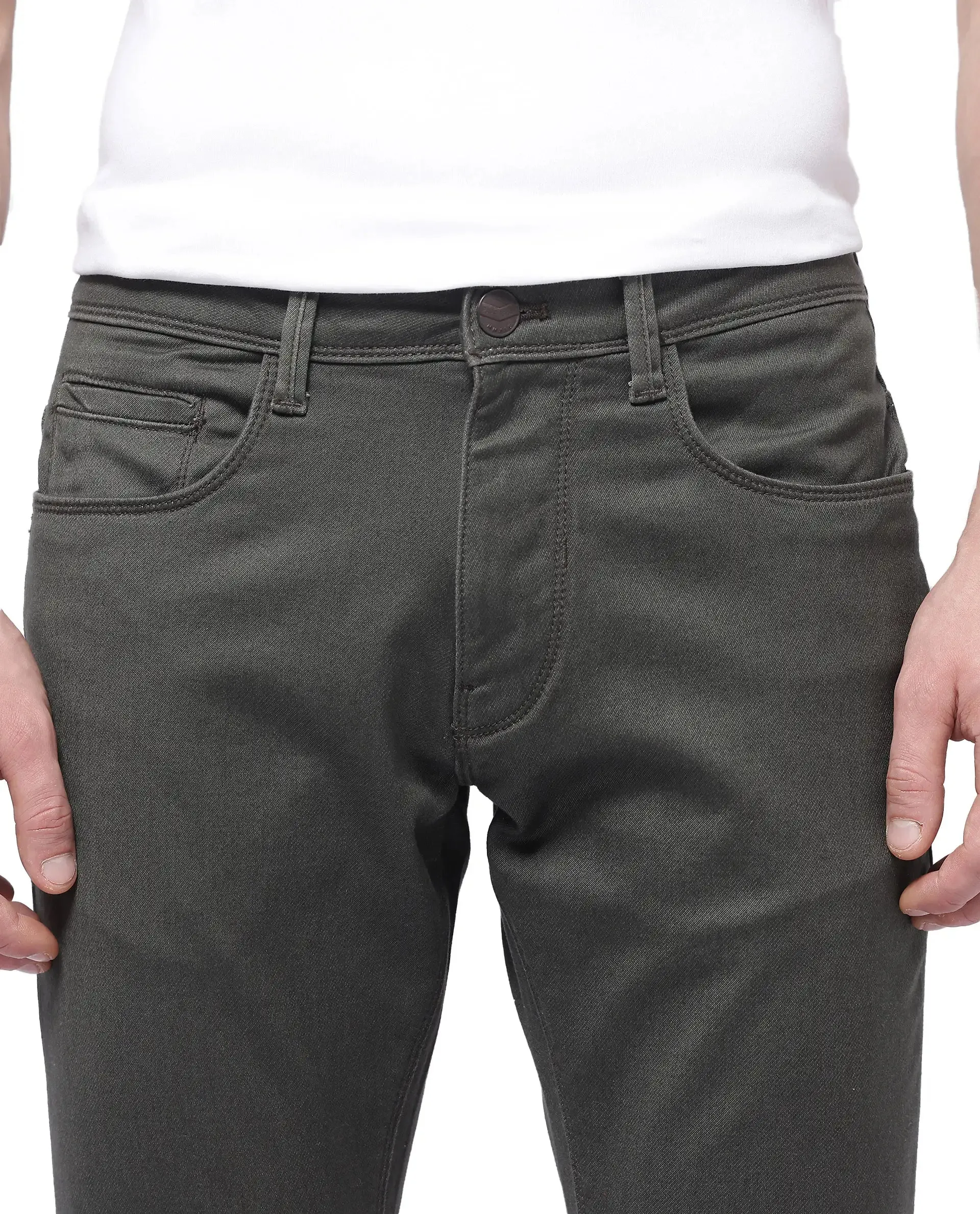Rare Rabbit Men Hede Olive Cotton Spandex Fabric Slim Fit Plain Denim Pant