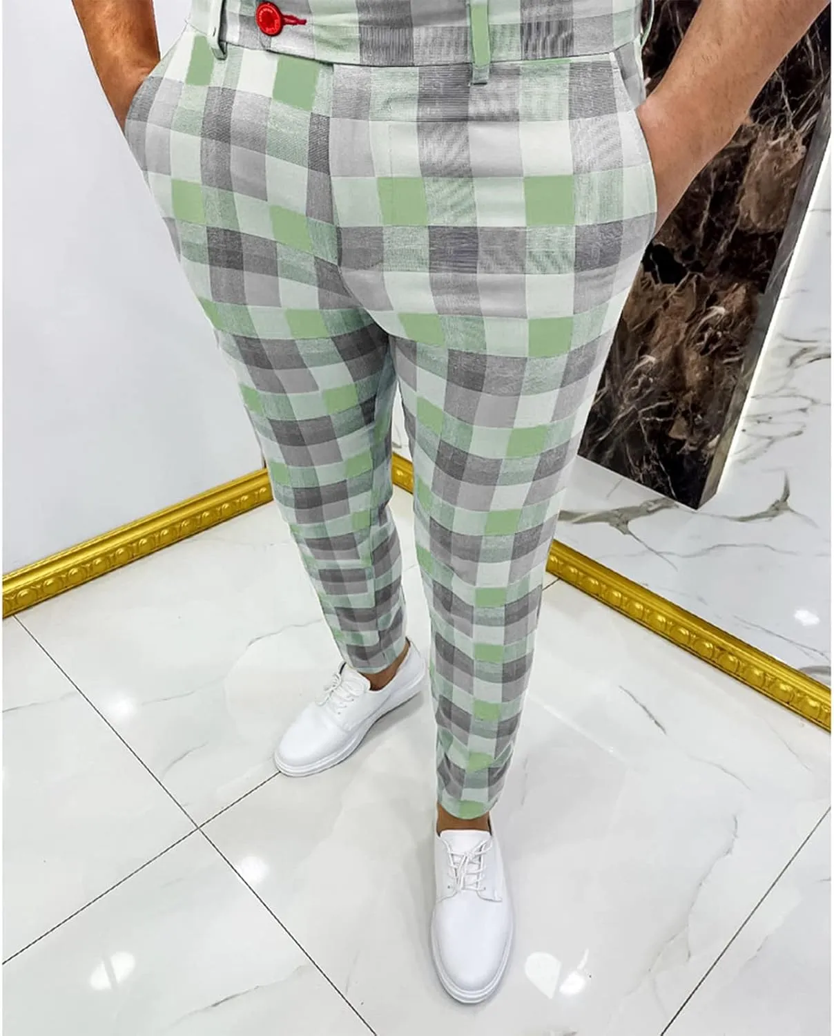Ymosrh Khaki Cargo Pants for Men Fashion Stretch Dress Pants Slim Fit Plaid Pants Business Suit Casual Golf Work