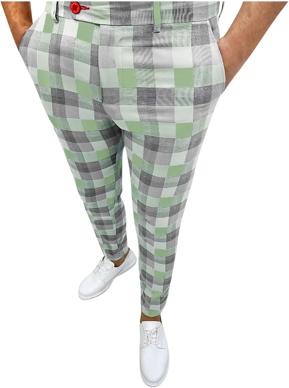 Ymosrh Khaki Cargo Pants for Men Fashion Stretch Dress Pants Slim Fit Plaid Pants Business Suit Casual Golf Work
