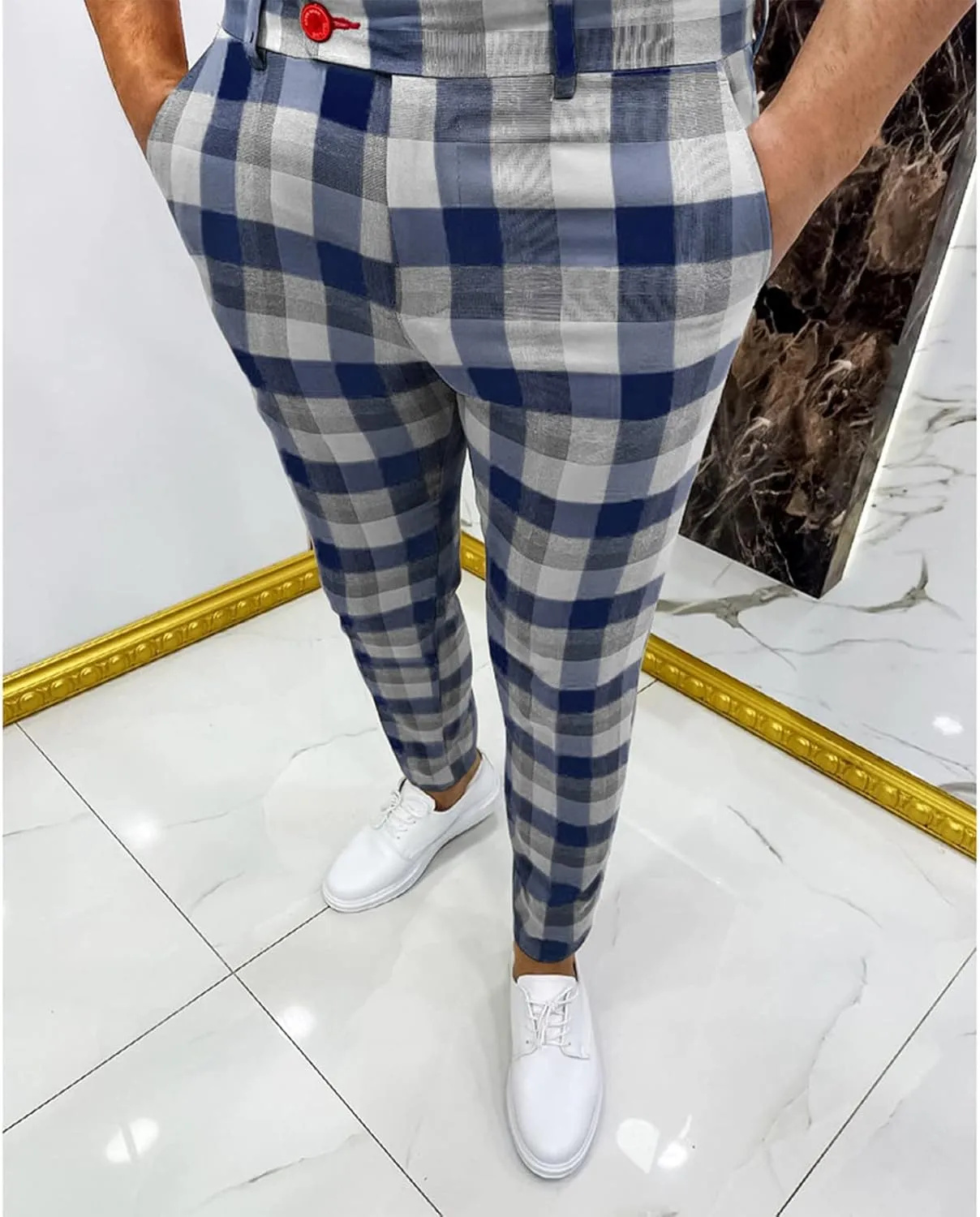 Ymosrh Khaki Cargo Pants for Men Fashion Stretch Dress Pants Slim Fit Plaid Pants Business Suit Casual Golf Work