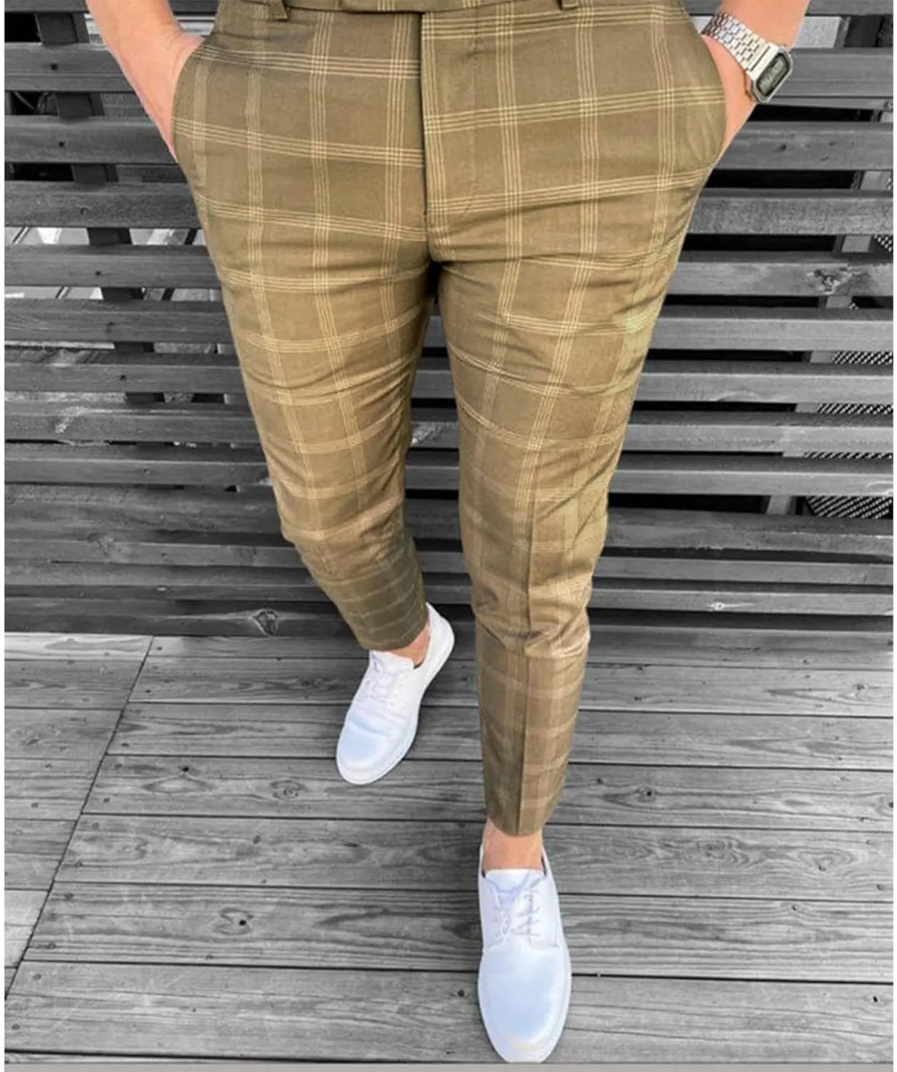 Ymosrh Men's Chino Pants Regular Dress Pants Slim Fit Plaid Pants Business Suit Casual Golf Mens Exercise XXL