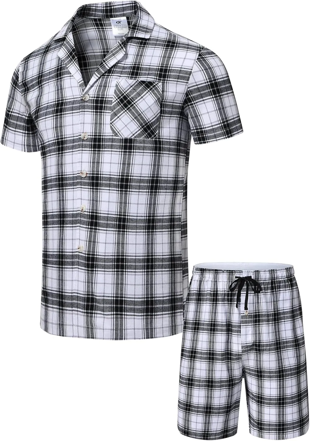 yuyangdpb Men's Pajamas Sets Shorts Woven Cotton Plaid Pj Set Button Down Sleepwear Short Set 2 Pieces with Pocket