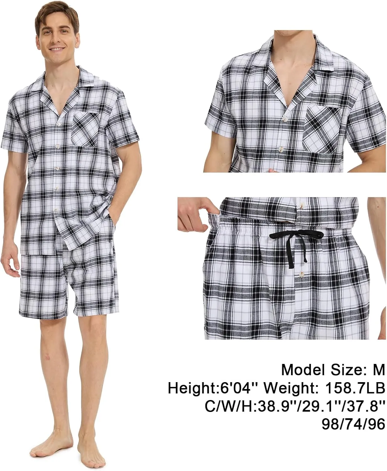 yuyangdpb Men's Pajamas Sets Shorts Woven Cotton Plaid Pj Set Button Down Sleepwear Short Set 2 Pieces with Pocket