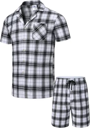 yuyangdpb Men's Pajamas Sets Shorts Woven Cotton Plaid Pj Set Button Down Sleepwear Short Set 2 Pieces with Pocket